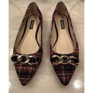 Nine West Tweed Pointed Toe Flats 7M Red Blue Chain Embellished Slip On Shoes